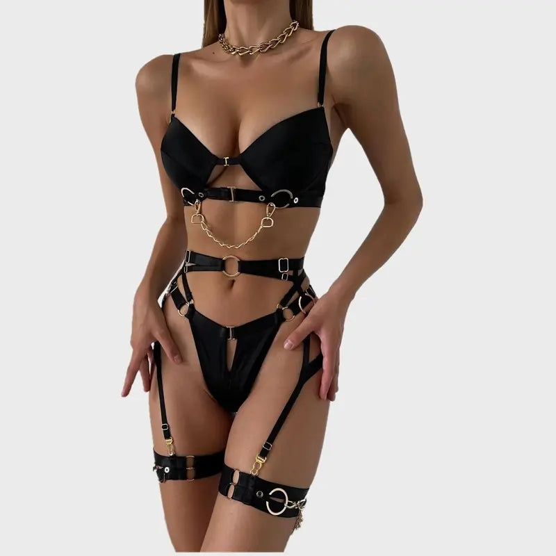 Temptation 4-Piece Black Hollow-Out Lingerie Set