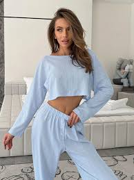 Round Neck Long Sleeve Nightdress Crop Top Pants Pajamas Set