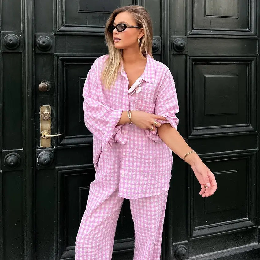 Pink Plaid Fashion Pajama Set