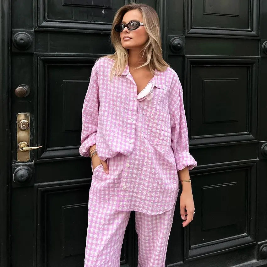 Pink Plaid Fashion Pajama Set