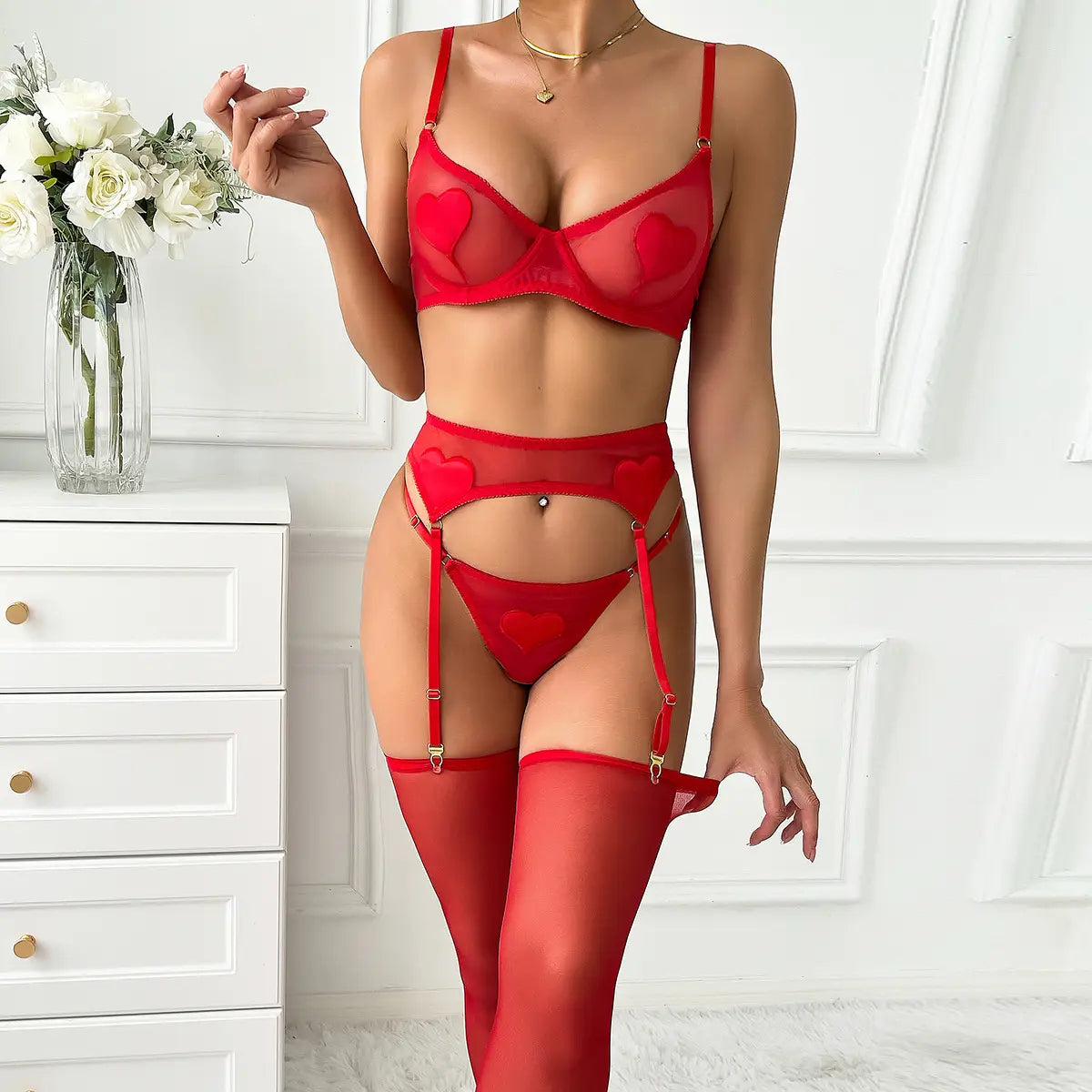 Sexy Red Heart 4-Piece Lingerie Set