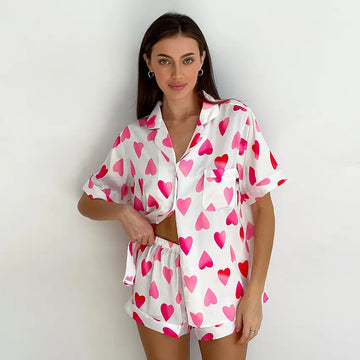 Pink Sweet Love Print Shorts Pajama Set