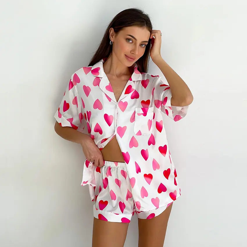 Pink Sweet Love Print Shorts Pajama Set