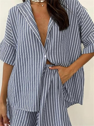 Striped Half Sleeve Nightwear Turn-Down Collar Pajama Set