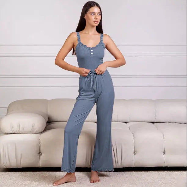 Women's Lace Long Slacks Silk Pyjamas Set