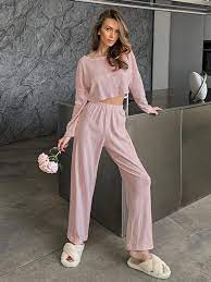 Round Neck Long Sleeve Nightdress Crop Top Pants Pajamas Set