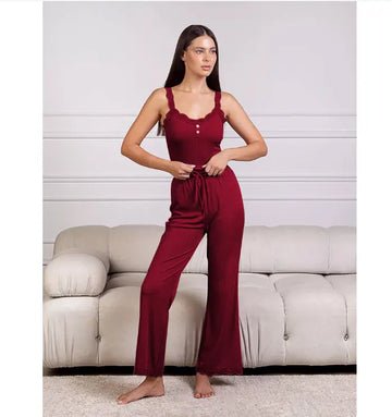 Women's Lace Long Slacks Silk Pyjamas Set